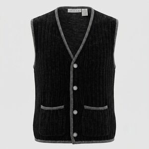 Mosa Mens Large Black Knit Vest Chenille Button Front V-Neck Pockets Vintage